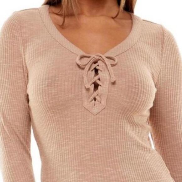 Crave Fame Juniors Lace-Up Cropped Top,Warm Taupe, Large, shirt long sleeve L… - Picture 2 of 4